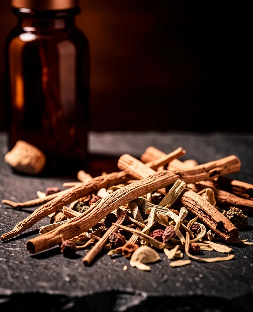 Natural botanical ingredients on dark surface