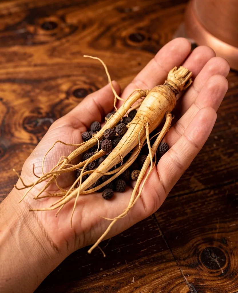 Dried botanicals in hand over dark wood