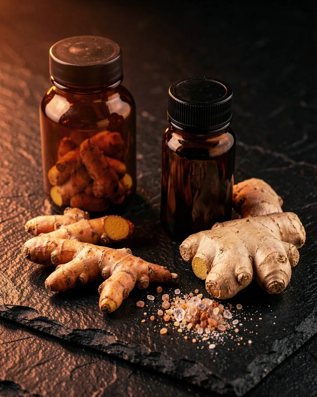 Natural supplement ingredients on dark stone surface