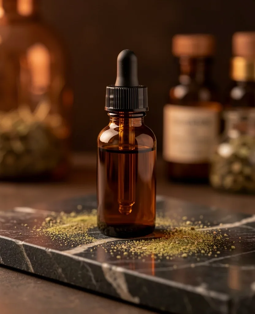 Amber glass bottle on dark stone