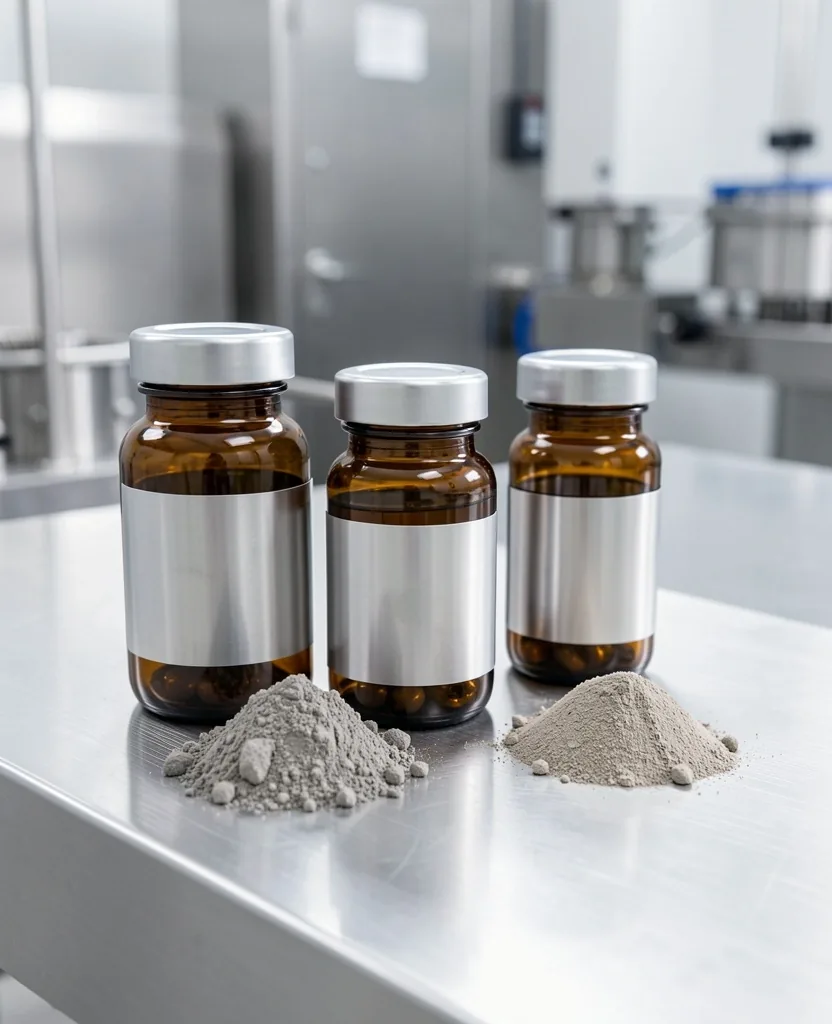Amber glass bottles and ground mineral powder